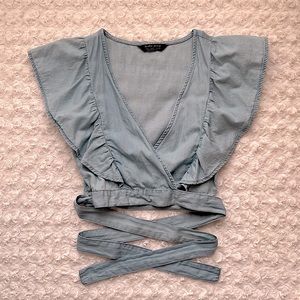 Bershka Denim Flutter Sleeve Tie Wrap Waist Crop Top